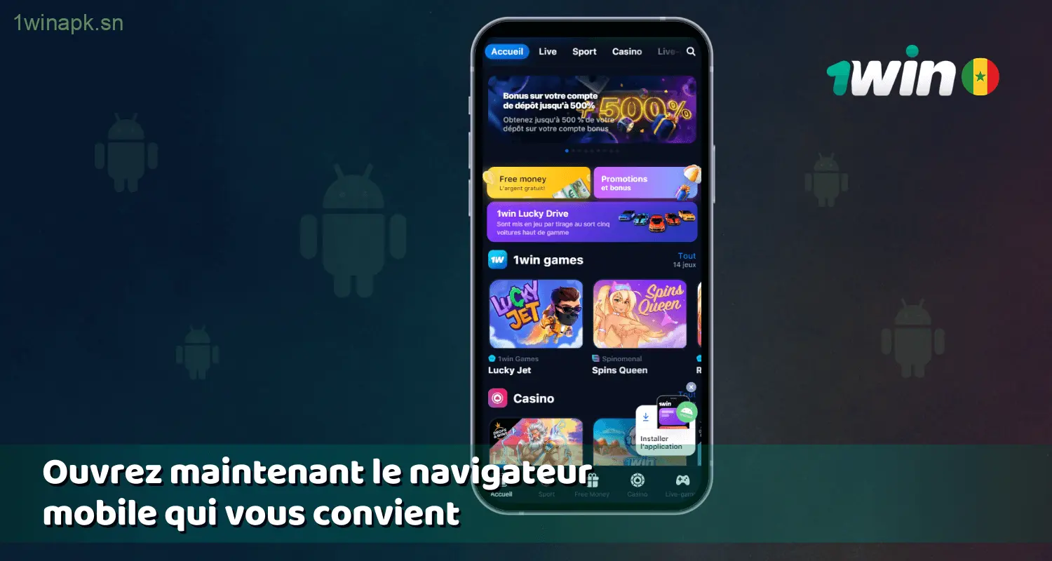 Instructions pour accéder au site officiel de 1win Sénégal et télécharger l'application pour Android.