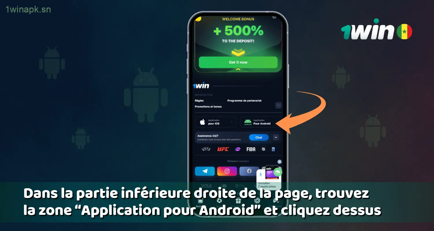 Étapes pour installer l'application 1win sur un appareil Android au Sénégal.