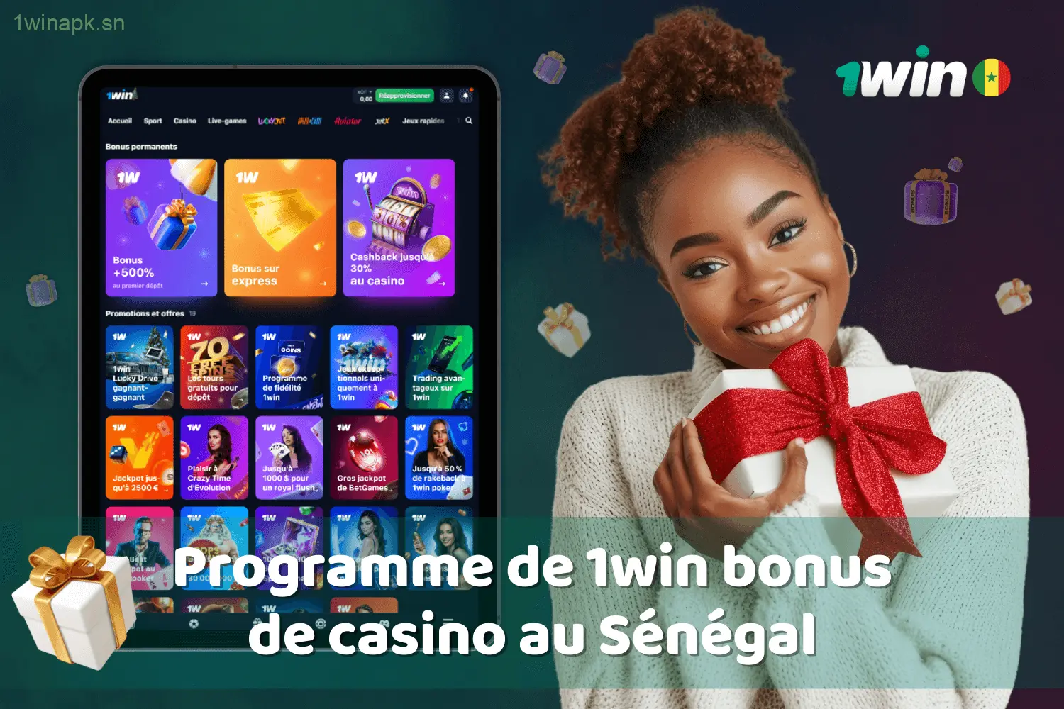 Programme de bonus de casino 1win destiné aux joueurs sénégalais.